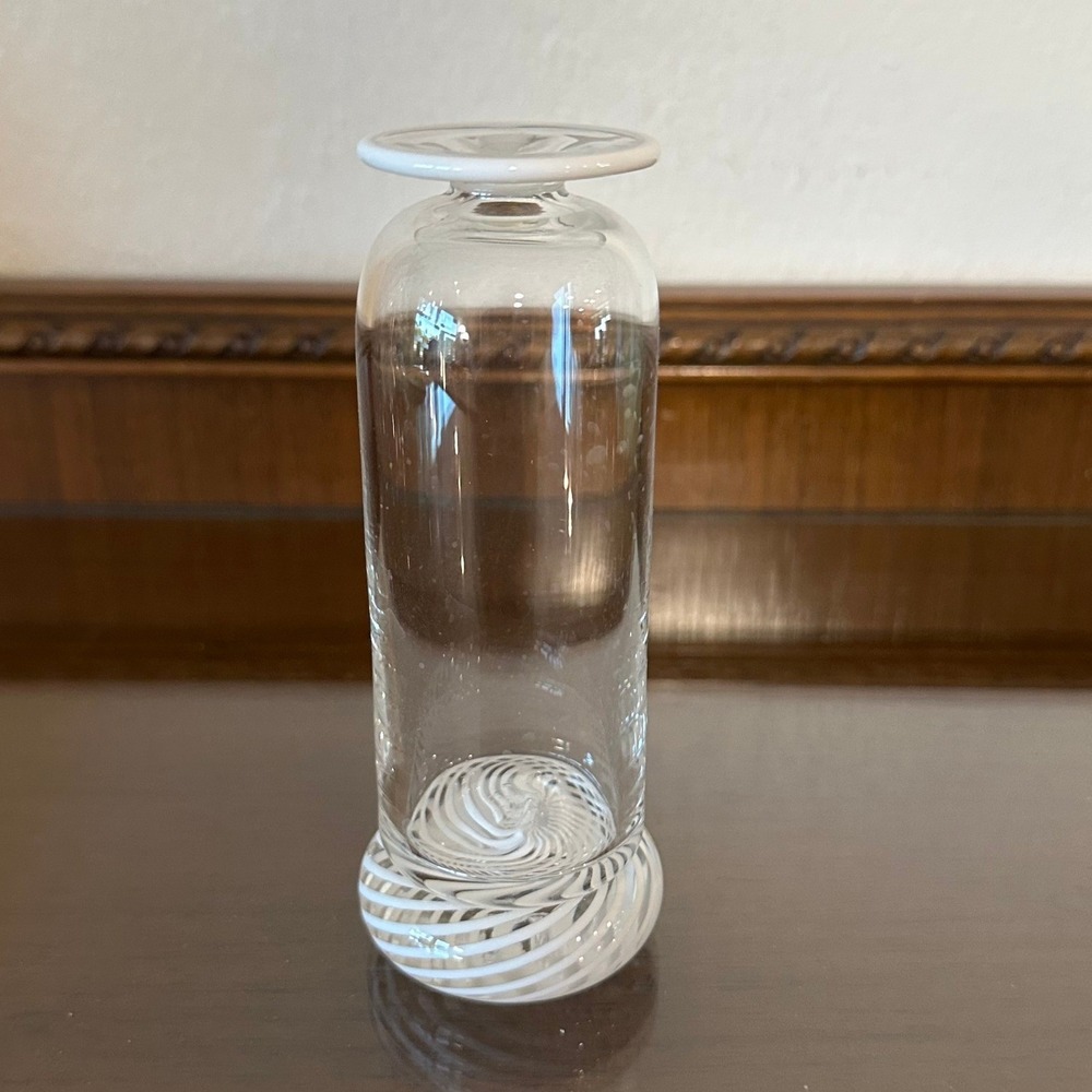 Hand Blown Glass Bud Vase Clear Latticino Swirl Base White Trim 5 Inch